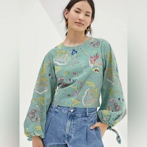 Maeve by Anthropologie Embroidered Cropped Ballon Sleeve Blouse, Size Small NWOT